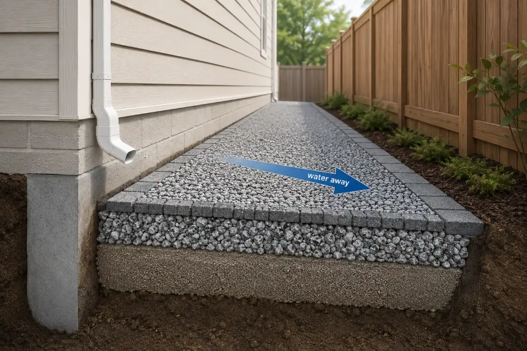 Diagram of a narrow side yard path with compacted base, permeable surface, and slight slope moving water away from the house.