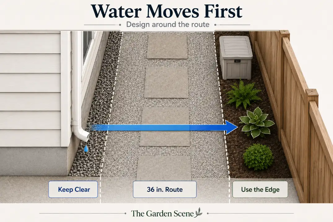 Diagram showing a side yard layout with a clear foundation edge, a 36-inch access route, and a fence-side storage or planting strip that does not block drainage.