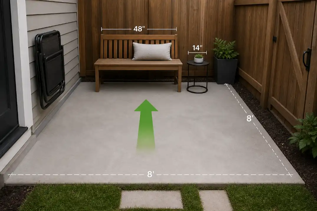 Finished 8x8 patio blueprint with edge bench, small side table, stored folding guest chair, corner planter, and open center walking path.