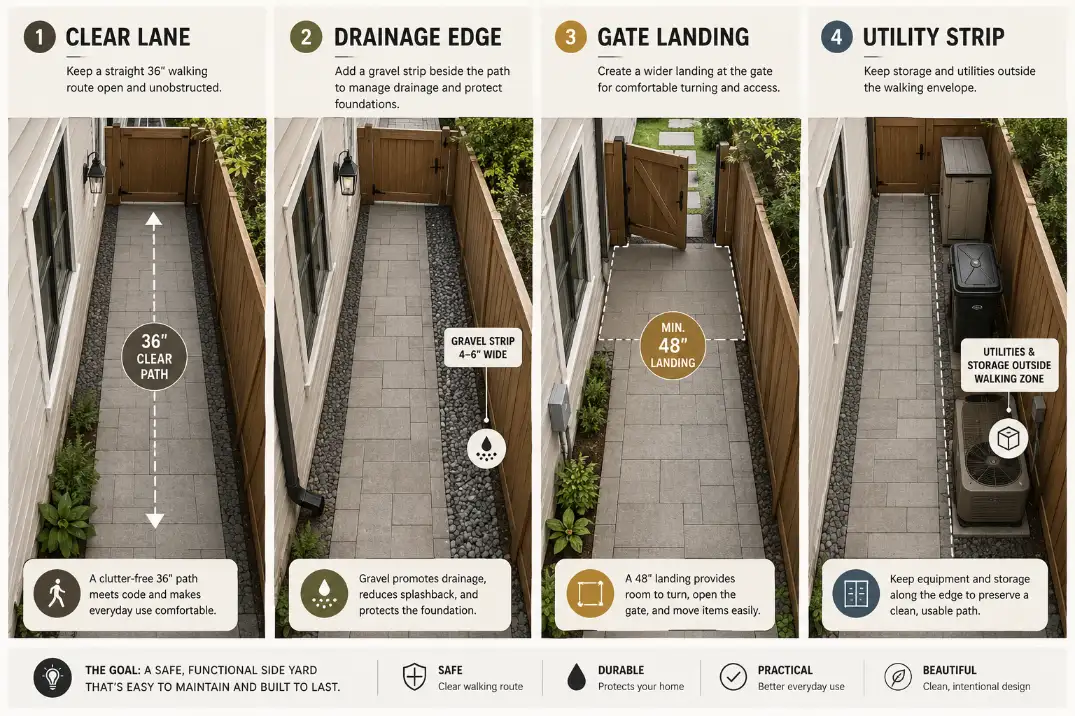 Four side yard path layout ideas showing a clear lane, drainage edge, gate landing, and utility strip for better comfort.
