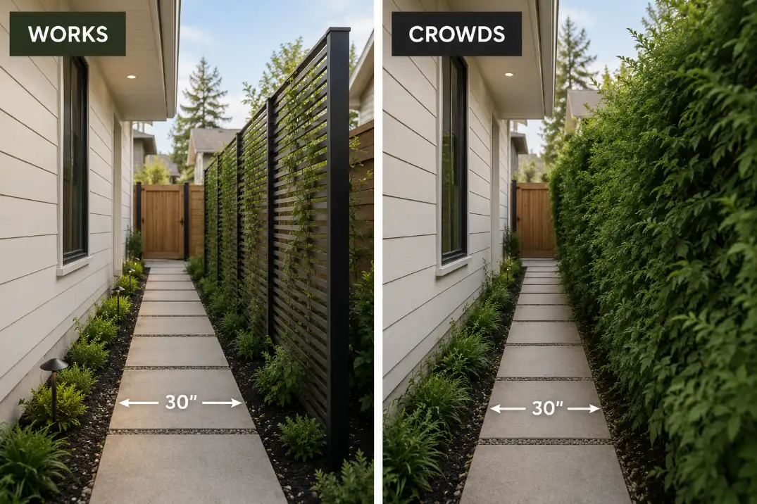 Comparison of a narrow side yard privacy screen that preserves walkway space versus an overgrown hedge that crowds the path.