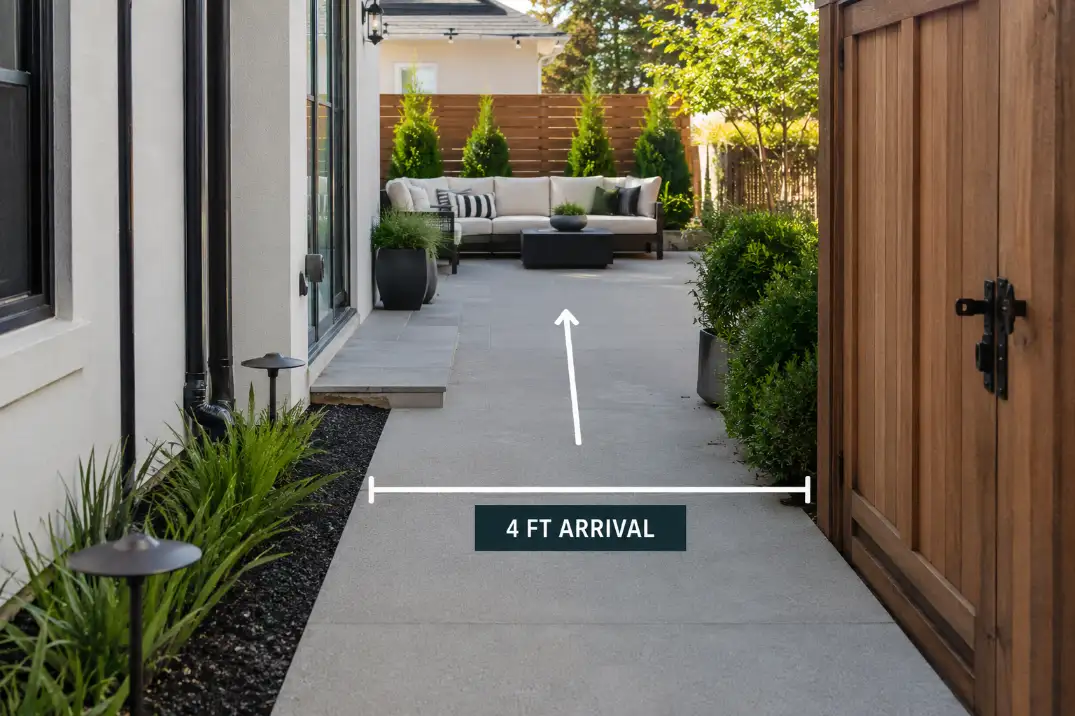 Side yard path opening into a backyard patio with a clear four-foot arrival zone before furniture.