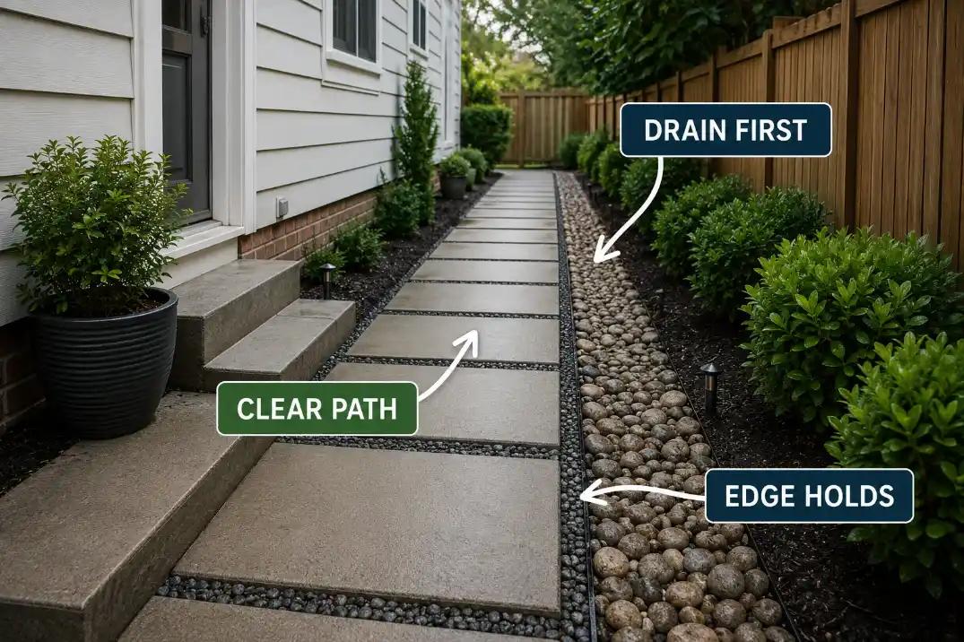 Narrow side yard with a controlled gravel drainage strip, clear walking path, and stable edging showing the correct repair order.