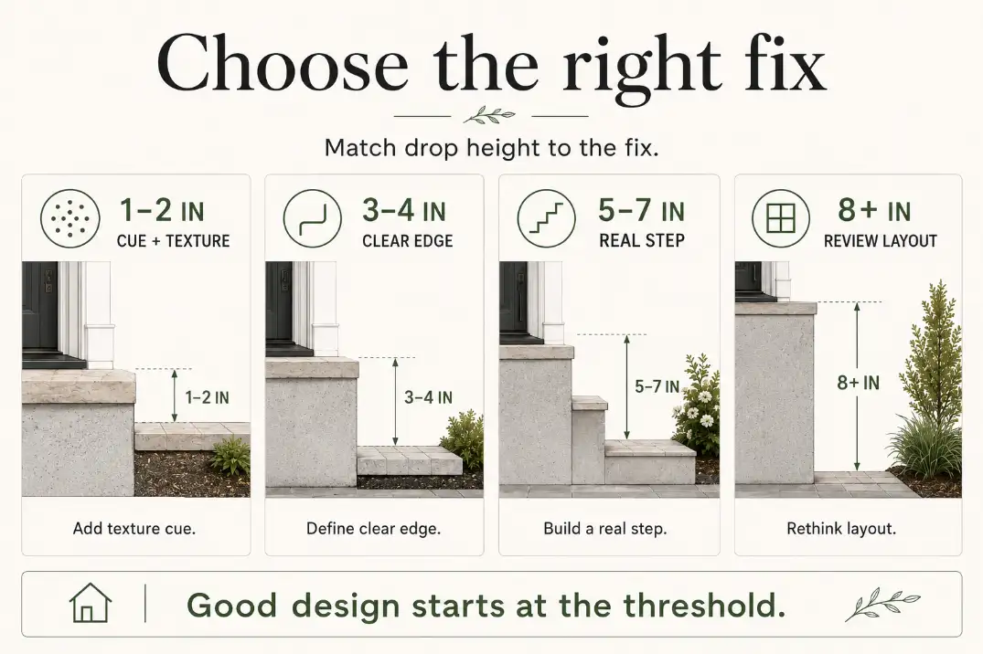 Decision diagram showing back door step-down heights and the right patio transition fix for each threshold drop.