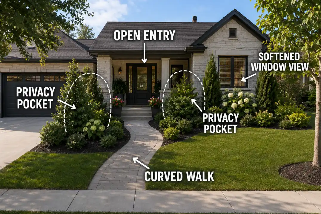 Overhead front yard privacy layout showing curved walkway privacy pockets, open entry, and softened window views.