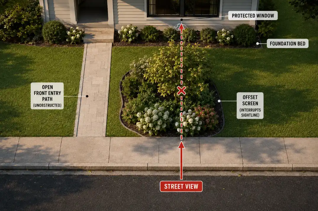 Top-down diagram showing offset planting interrupting the street view before it reaches a front window.