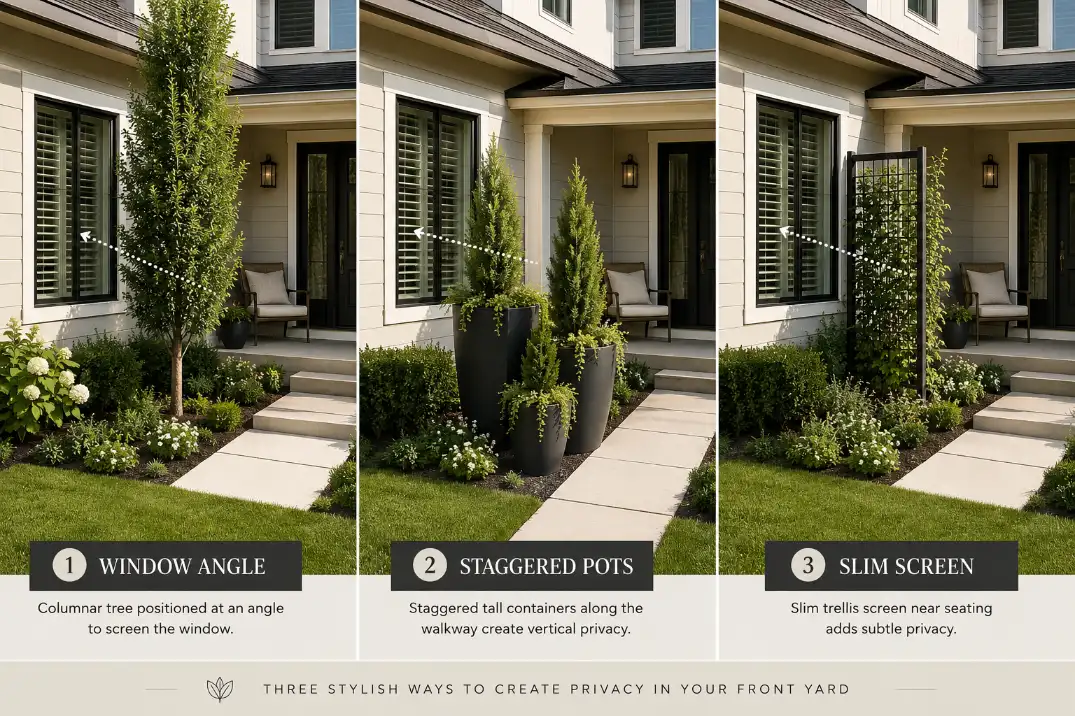Comparison of columnar small tree, staggered containers, and slim trellis screen used for privacy in a small front yard.