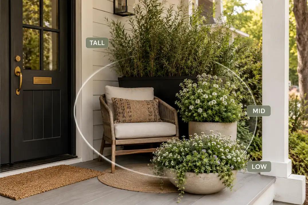 Layered front porch pots arranged around a chair to create a soft privacy pocket without closing off the entry.