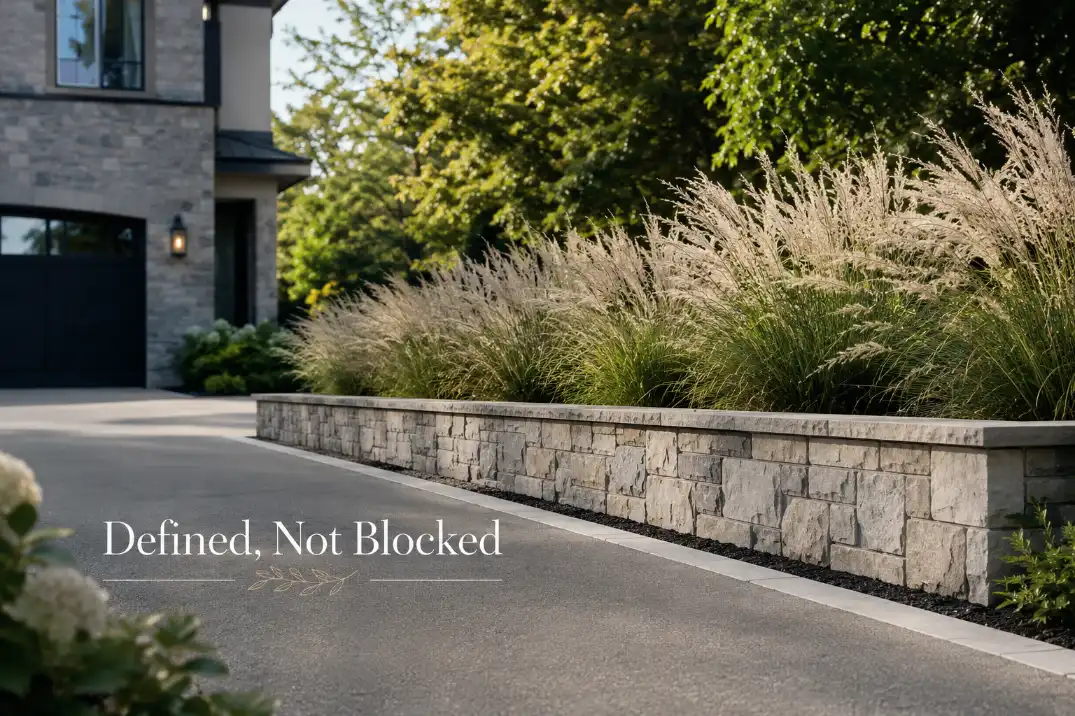 Low driveway wall with ornamental grasses creating soft front yard privacy without blocking driveway access.