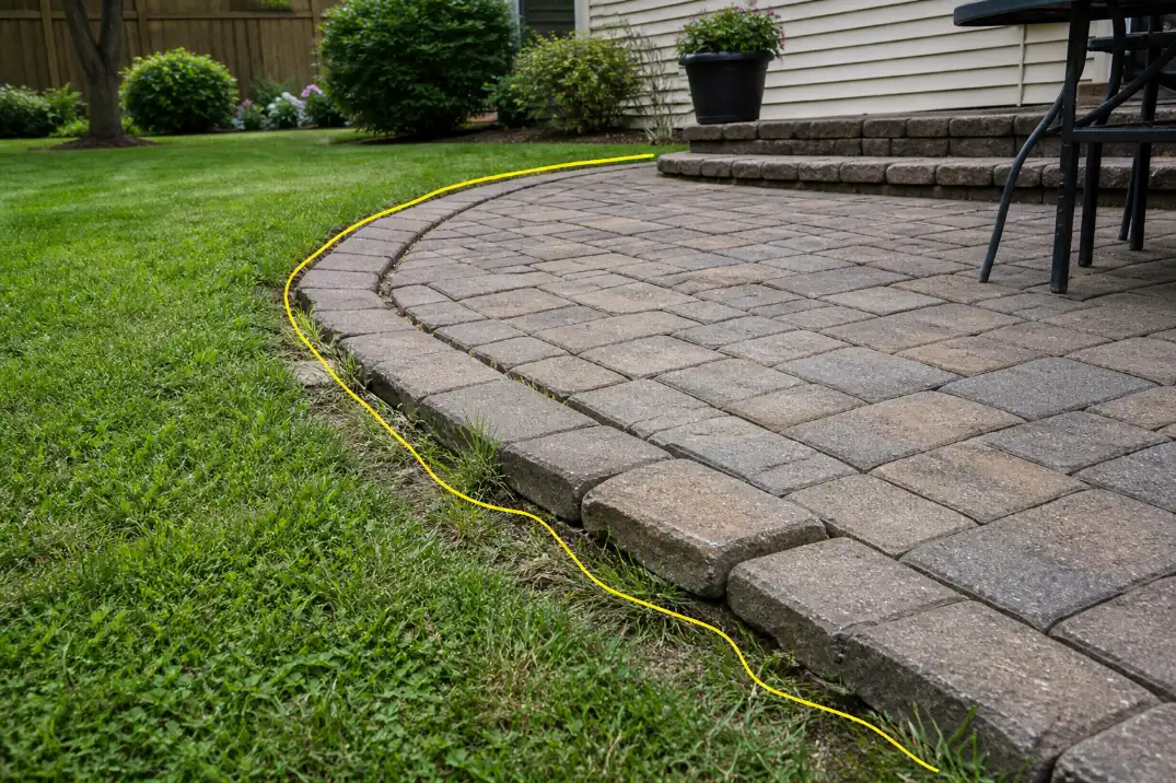 Paver patio edge spreading into lawn with highlighted failed edge restraint, widened outer joint, and uneven border paver.