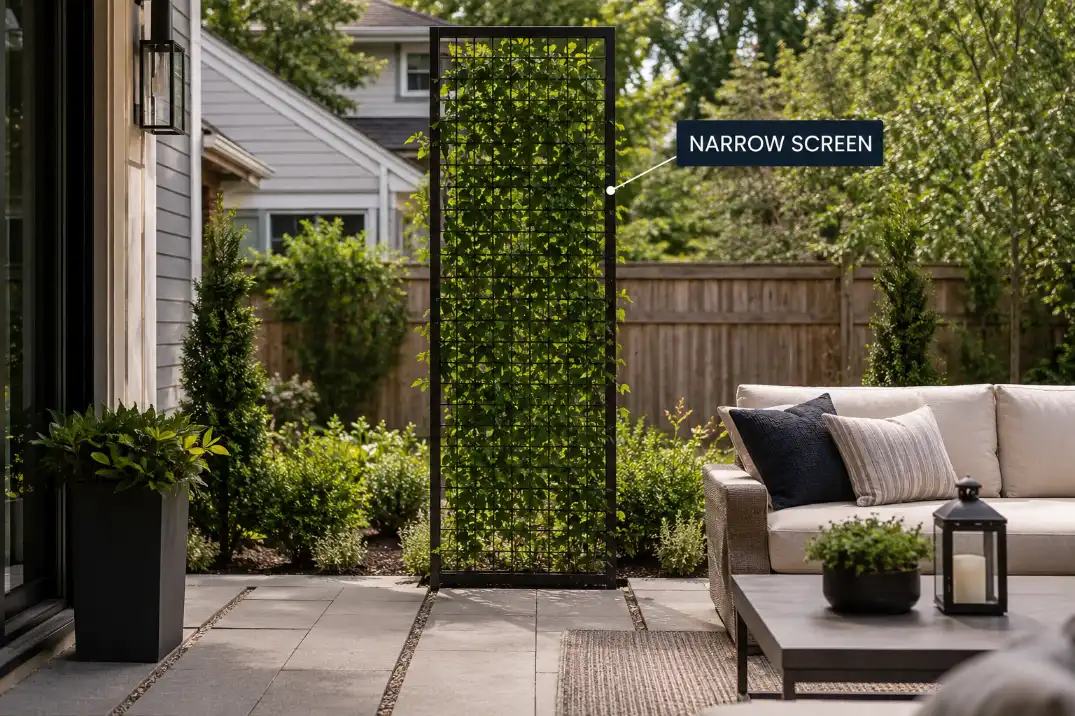 Vertical trellis with climbing vines creating a narrow backyard privacy screen without a fence.