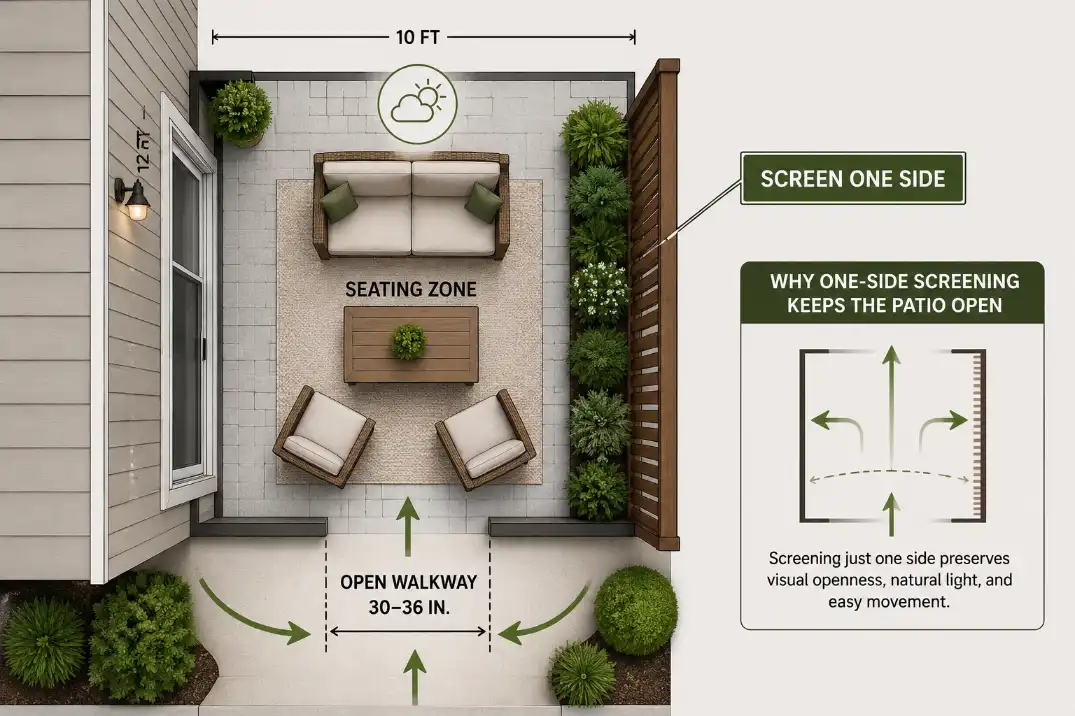 Top-down diagram of a small patio showing one-side privacy screening and an open 30 to 36 inch walkway.