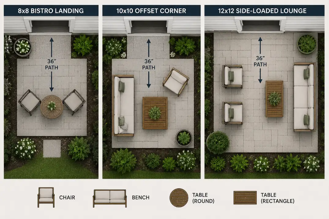 Top-down comparison of 8x8, 10x10, and 12x12 patio layouts with clear back door walking paths.