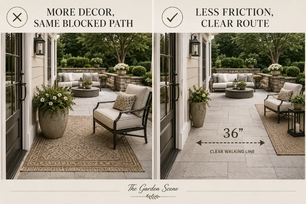 Comparison showing patio decor that leaves the door path blocked versus a clear house-to-patio walking route.