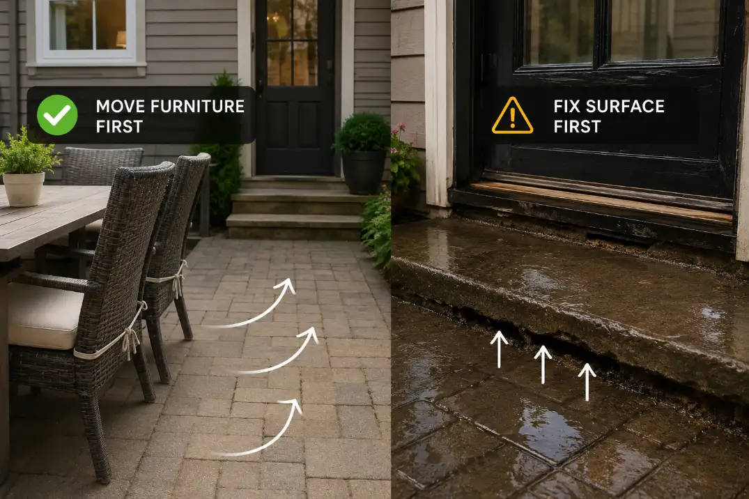 Patio entry decision visual showing when to move furniture first and when to fix a wet or uneven threshold first.