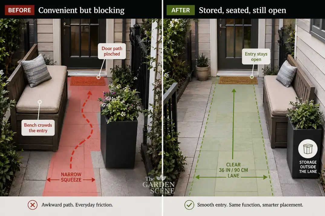 Before and after view of a patio entry with storage and planters moved out of the walking path while seating remains usable.