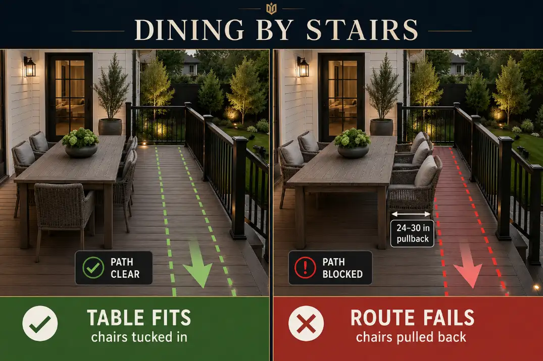 Comparison showing a raised deck dining table fitting when chairs are tucked in but blocking the stair route when chairs are pulled back.