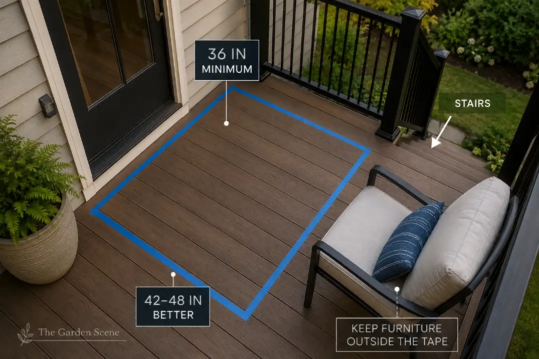 Small deck landing marked with tape to show 36 to 48 inches of clear space between the back door and stairs.