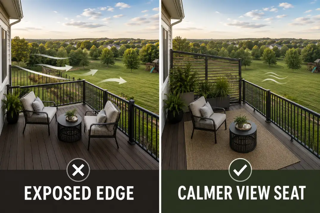 Upper-level deck comparison showing exposed railing-edge seating versus a calmer seating zone that keeps the view open.