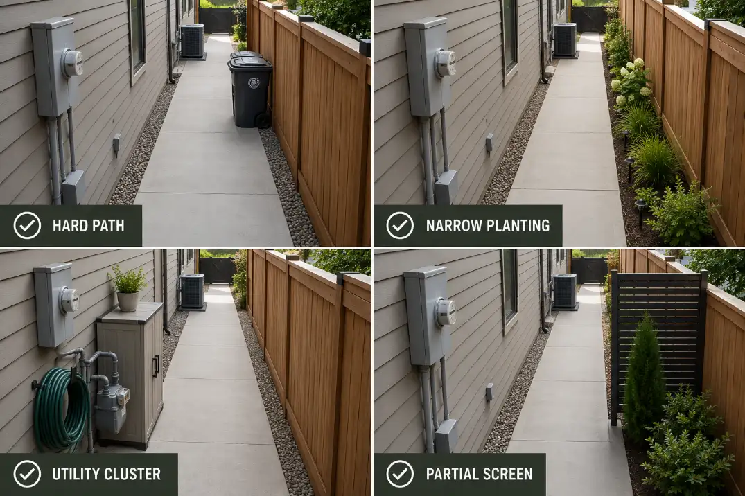Four-panel side yard utility corridor idea visual showing a hard path, narrow planting, utility cluster, and partial screen.