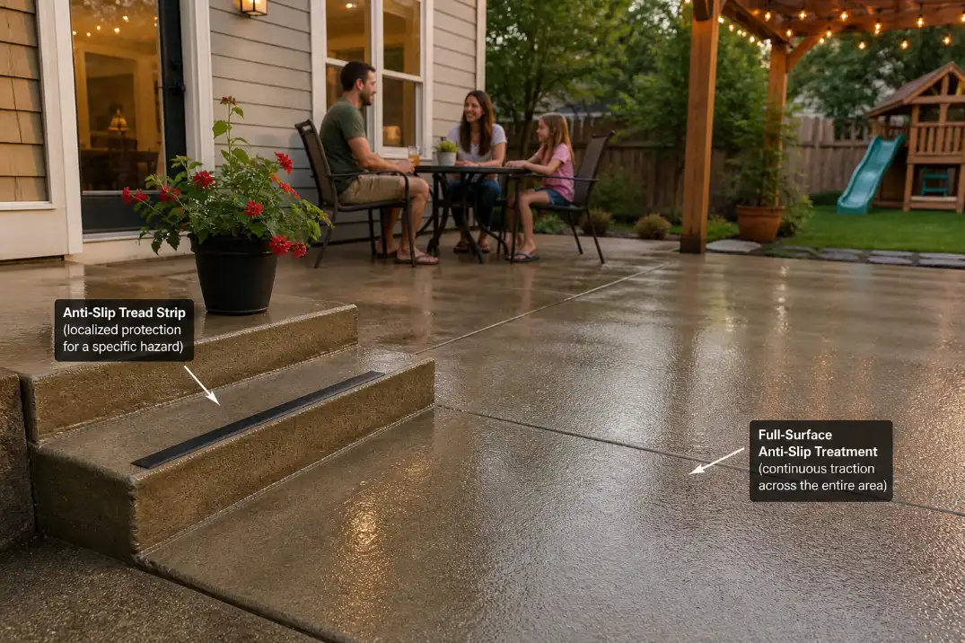 Patio step with an anti-slip tread compared with a larger wet patio area using clear anti-slip treatment to show localized versus full-surface traction fixes.