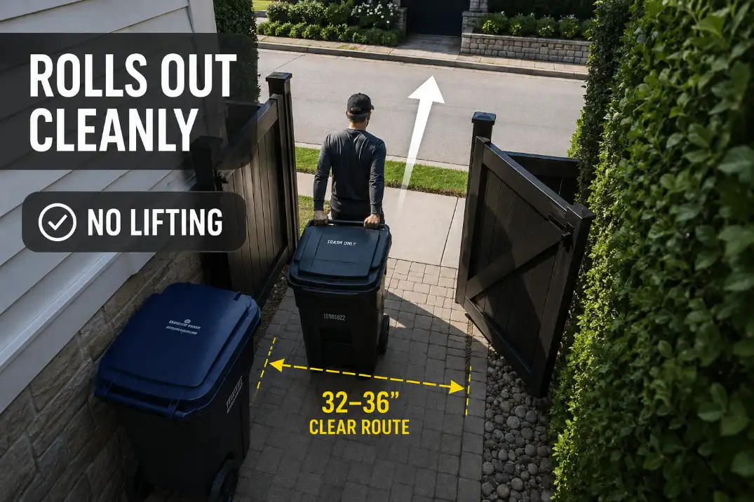 Narrow side yard trash bin rollout test showing a clear route through an open gate without lifting the bin.