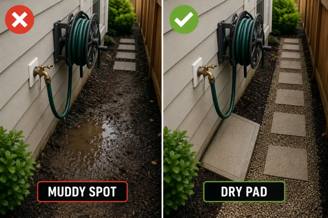 Comparison of a side yard faucet zone with muddy ground below the hose reel versus a dry sloped pad that keeps the walking lane clear.