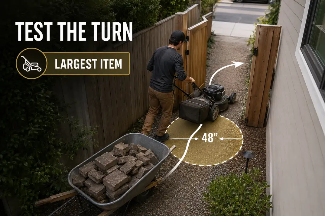 Side yard access route test showing a mower turning through an open gate with a highlighted 48-inch turn zone.