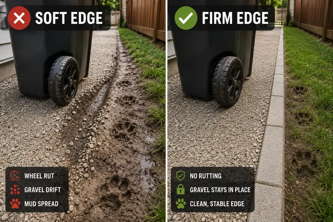 Comparison of a soft side yard path edge with wheel ruts and gravel drift versus a firm supported edge that keeps the access lane clean.