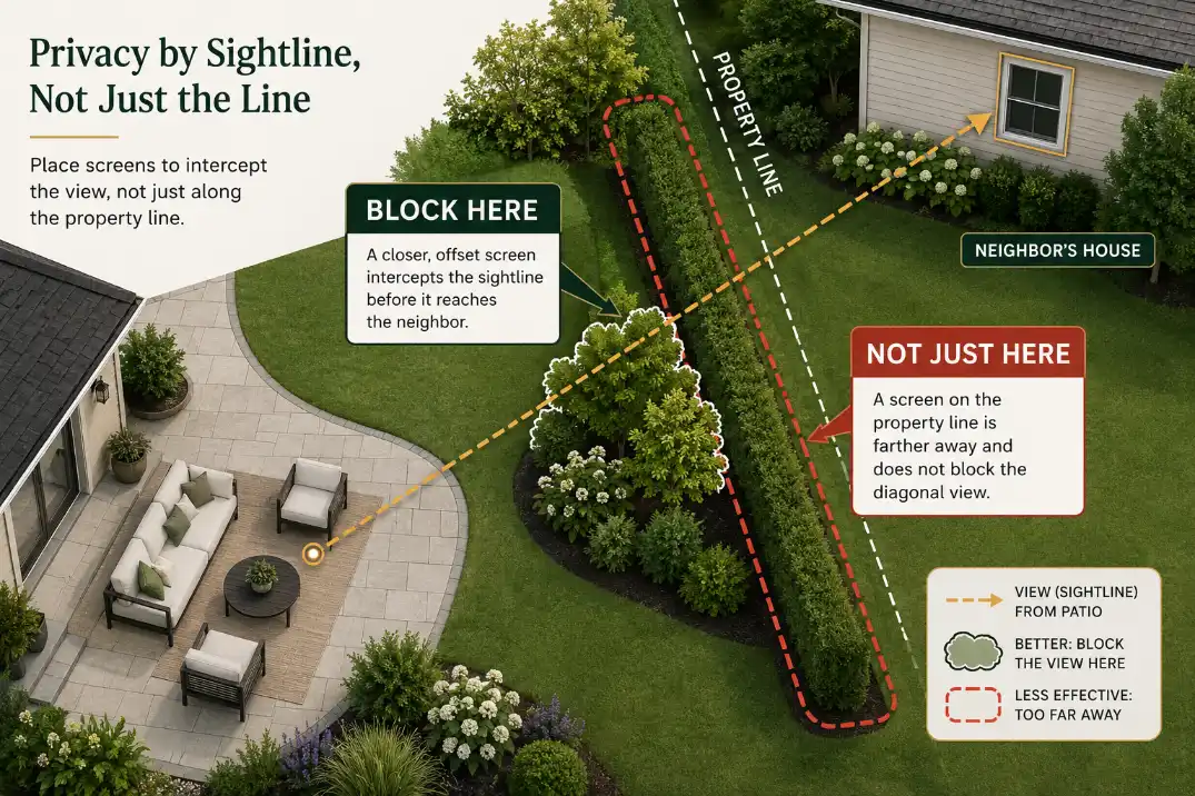 Overhead diagram showing a patio sightline blocked by an offset shrub cluster instead of only a property-line hedge.