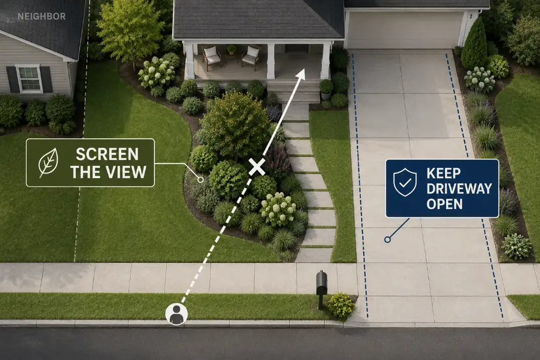 Overhead front yard privacy diagram showing offset shrubs blocking a diagonal view while keeping the driveway sightline open.