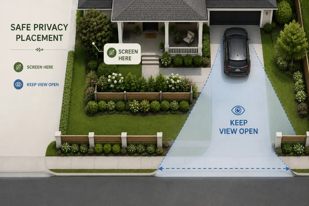 Overhead diagram showing low fence landscaping moved inward to protect porch privacy while keeping driveway visibility open.