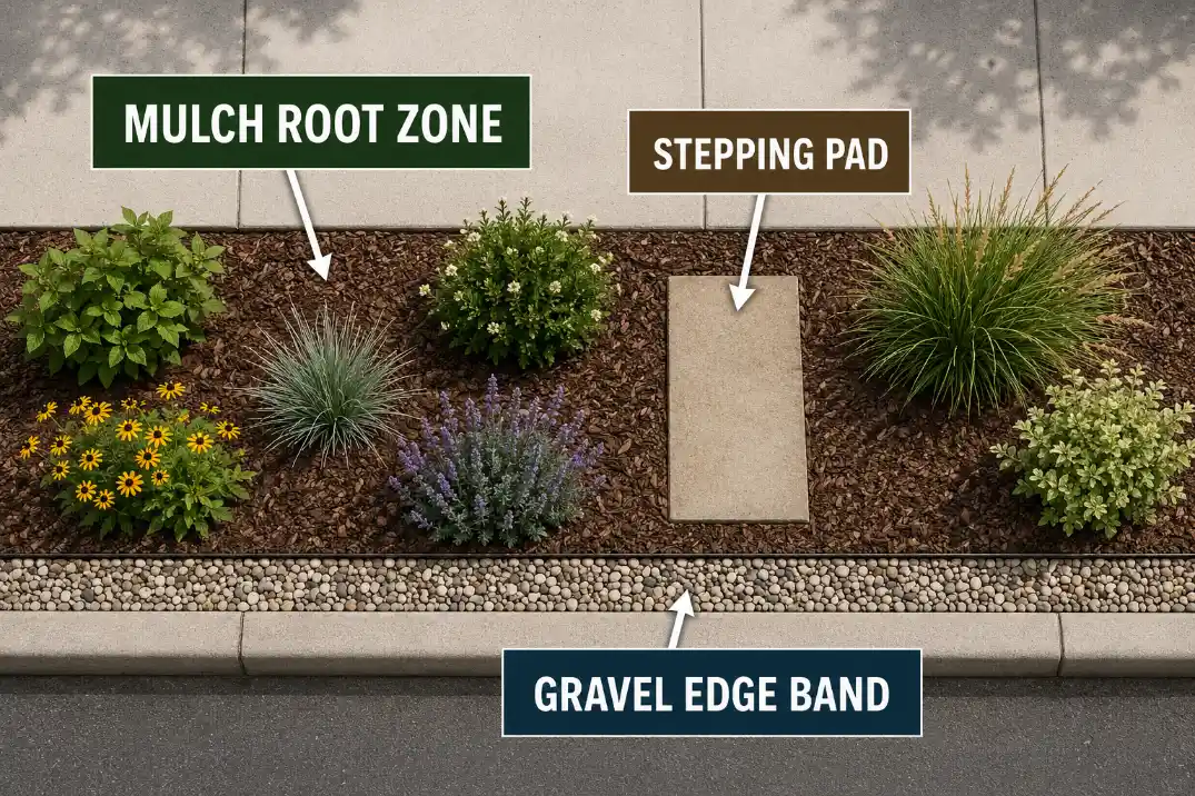 Overhead sidewalk strip diagram showing mulch around plant roots, gravel as a contained edge band, and a stepping pad for foot traffic.