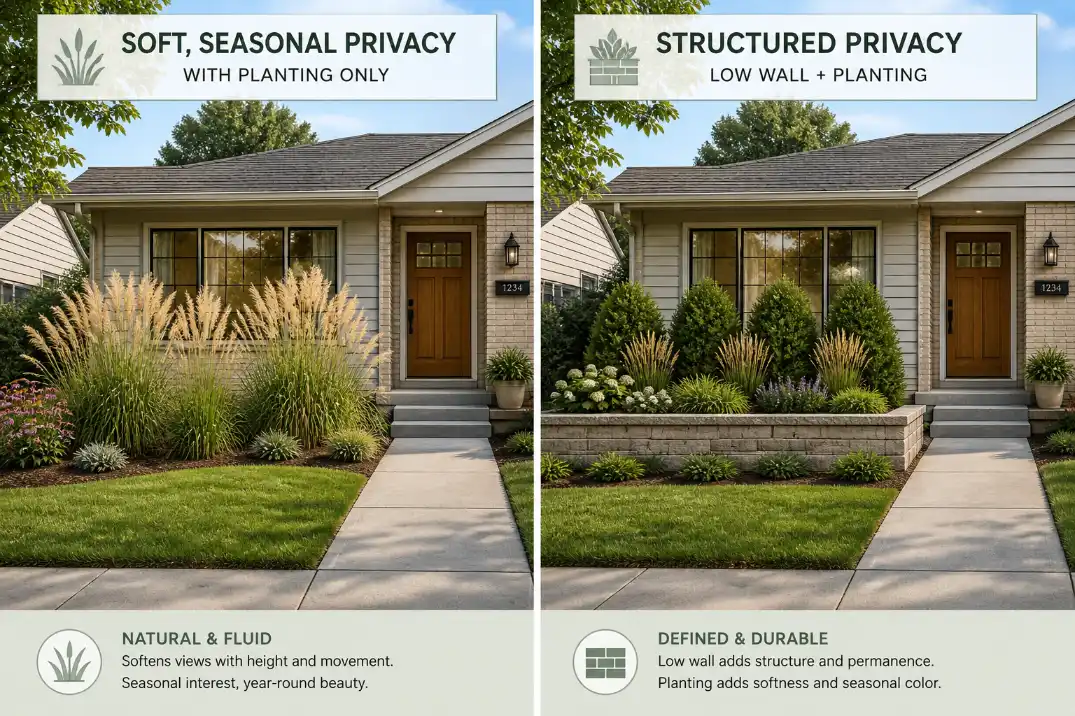 Comparison of ornamental grasses and a low raised planting wall for fence-free small front yard privacy.