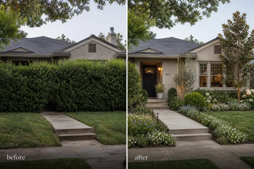 Before and after view of a front yard privacy hedge replaced with layered planting that keeps the entry visible.