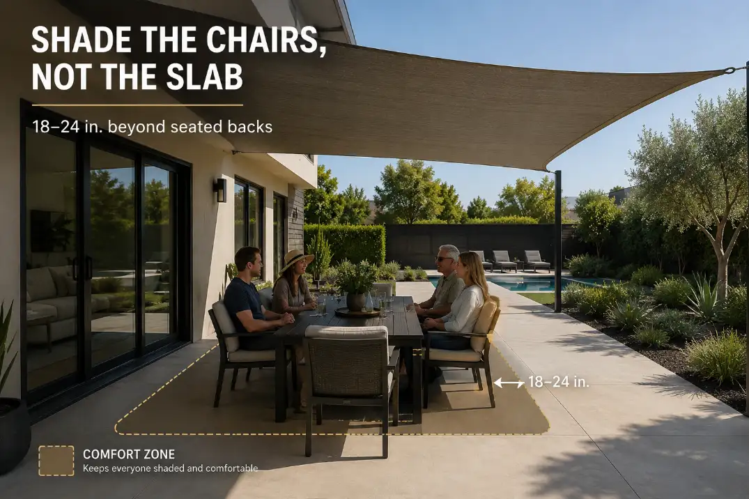 Premium patio shade visual showing a rectangular shade sail sized to cover the dining chairs, with text reading Shade the chairs, not the slab.
