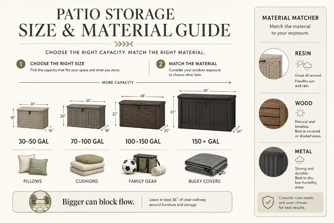 Patio storage guide showing common gallon sizes, ideal uses, and material choices for easy-to-use outdoor storage.