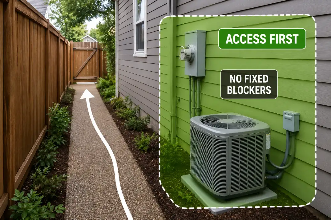 Side yard with AC unit and utility meter showing a clear access path and service clearance zone.