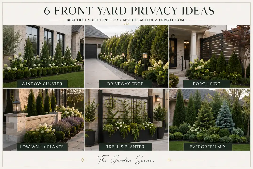 Six front yard privacy ideas for windows, driveways, porches, low walls, trellis planters, and evergreen planting layers.