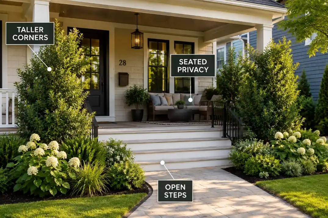 Front porch privacy landscaping with taller corner shrubs, lower step planting, and an open walkway to the front door.