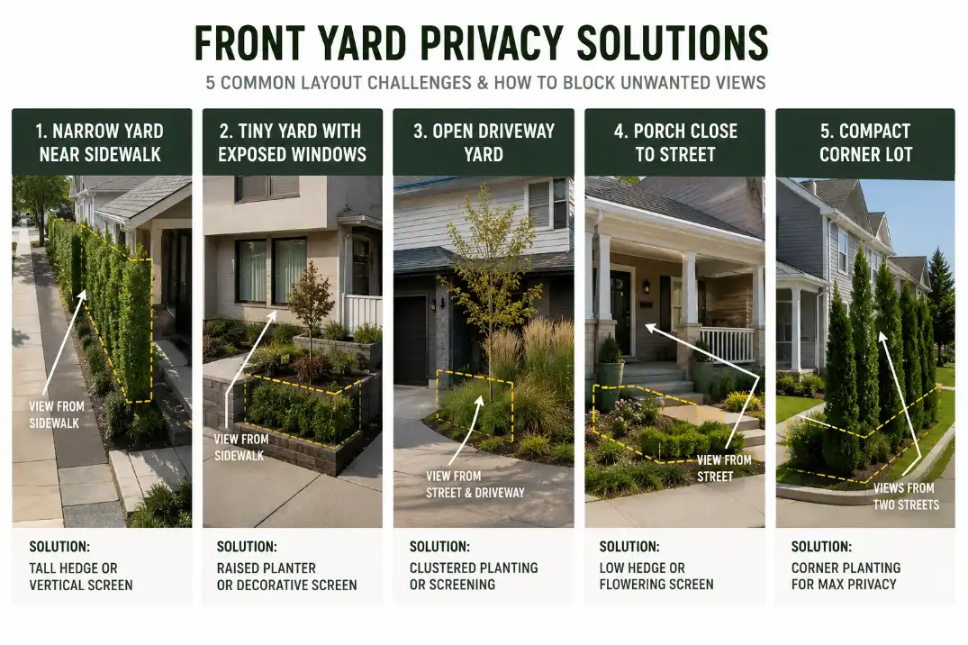 Top-view diagram showing privacy placement ideas for narrow sidewalk yards, exposed windows, open driveways, close porches, and corner lots.