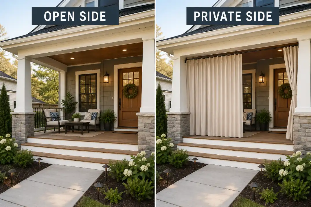 Before and after covered front porch showing an outdoor curtain added on one side for privacy while the front door remains visible.