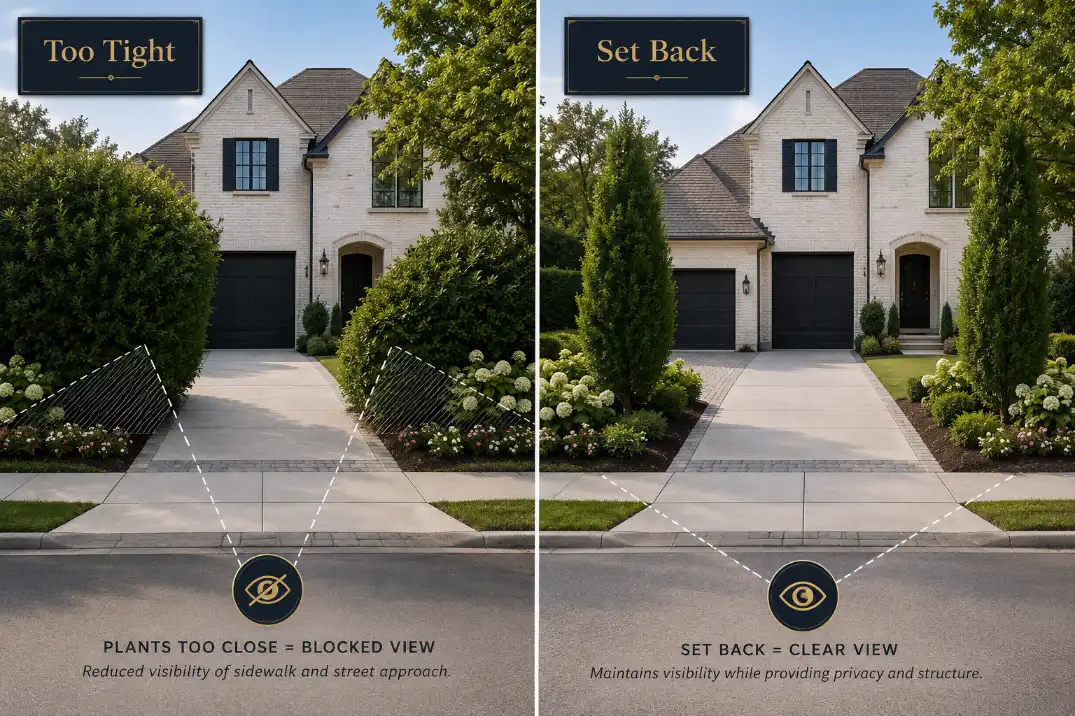 Comparison of driveway entrance planting placed too close to the curb versus a safer planting pair set back from the street.