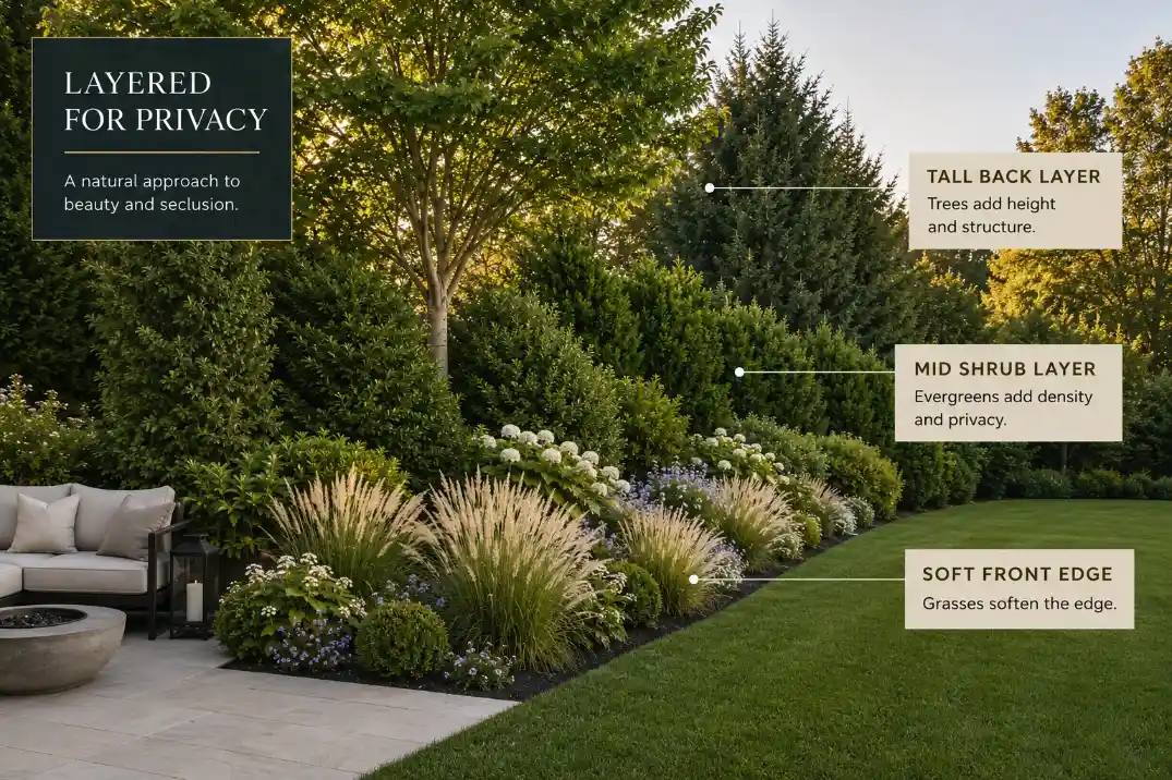 Layered backyard privacy border without a fence using evergreen shrubs, ornamental grasses, and small trees in staggered layers.