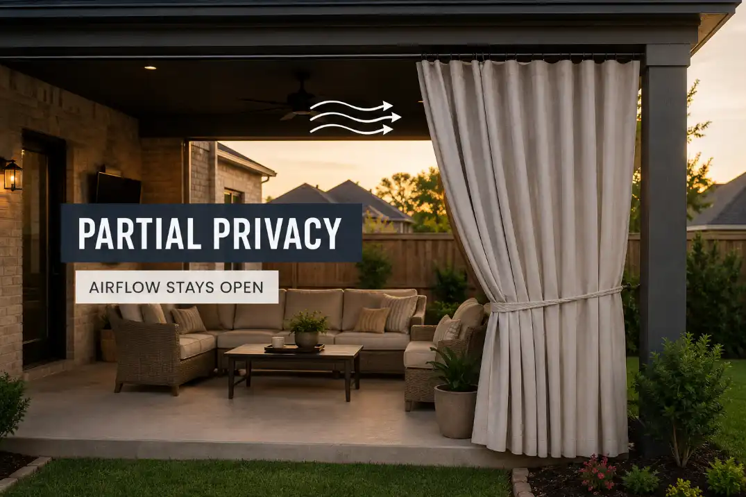 Covered patio with outdoor curtains partly closed to add side privacy while keeping light and airflow.