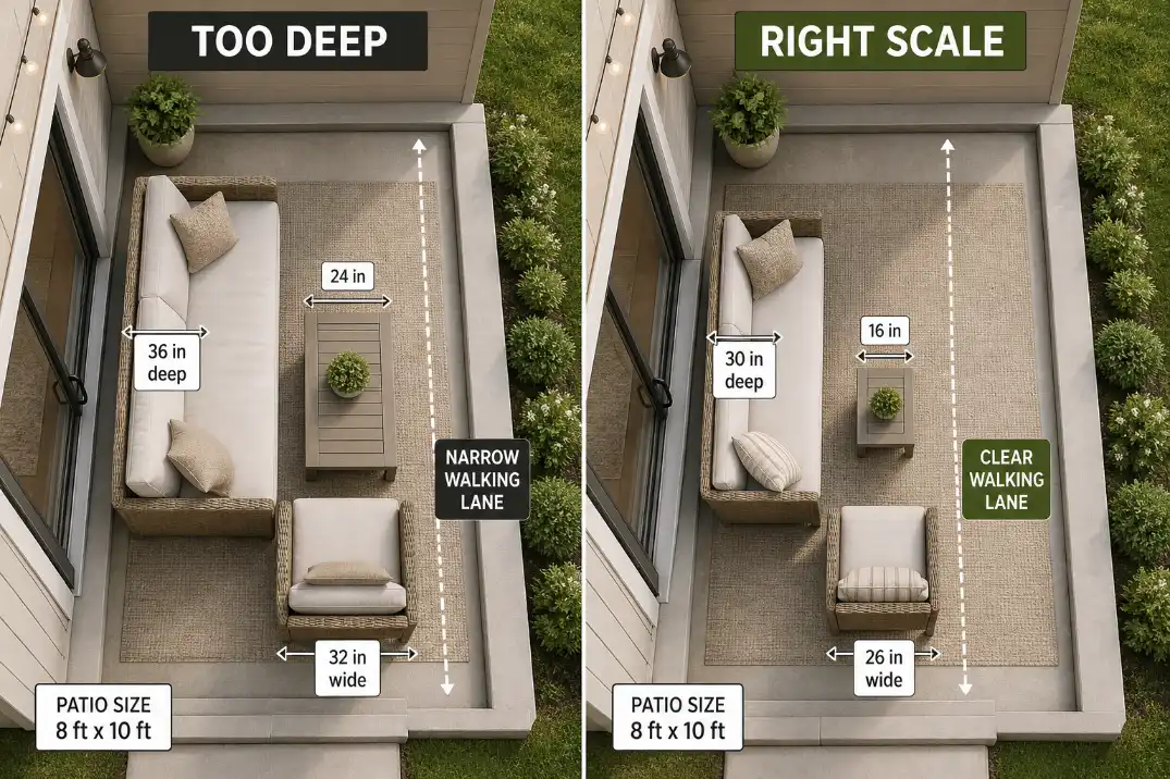 Comparison of oversized and right-scale furniture on an 8x10 patio showing how slimmer pieces preserve open floor space.