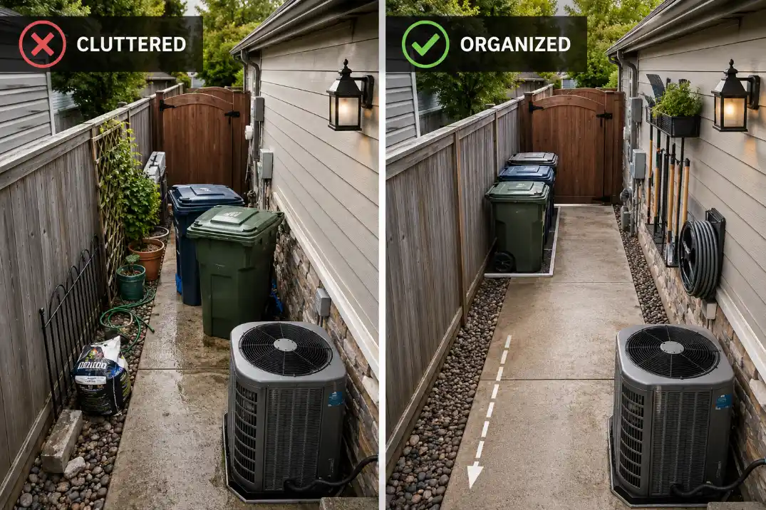 Comparison of a cluttered narrow side yard utility corridor and an organized version with a clear lane, wall storage, bin bay, and drainage direction.