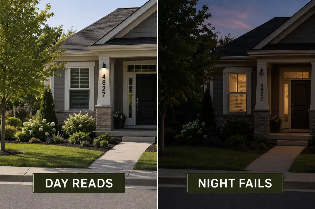 Comparison showing a house number readable in daylight but hard to see after sunset.