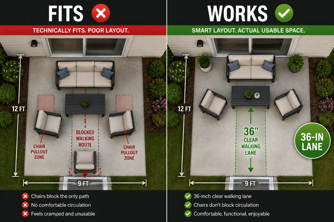 Comparison image showing a 9x12 patio layout that only fits versus one that works with a 36-inch walking lane.