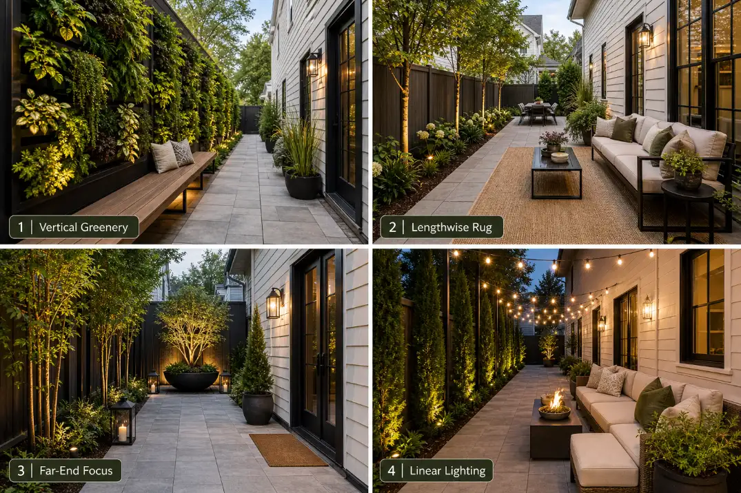 Four finished long narrow patio ideas showing vertical greenery, a lengthwise rug, a far-end focal point, and linear lighting.